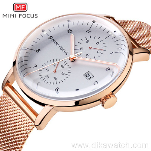 MINI FOCUS 0052 Watch Top Brand Luxury Business Quartz Watches Men Wrist Calendar Leather Mesh Strap Waterproof Mens Watch